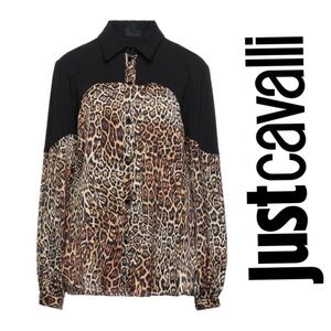 New! Just Cavalli Logo Colorblock Leopard Animal Print Blouse